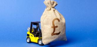 A yellow forklift moving a moneybag with a pound sign on it.