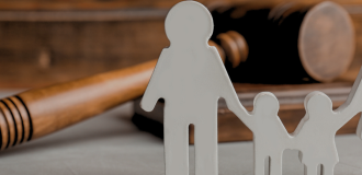 Family stick figures and gavel
