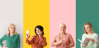 Group of mature women on colour background